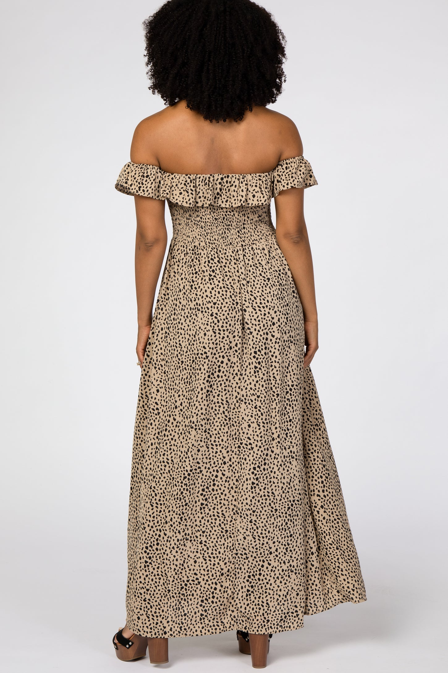 Taupe Animal Print Off Shoulder Smocked Maxi Dress