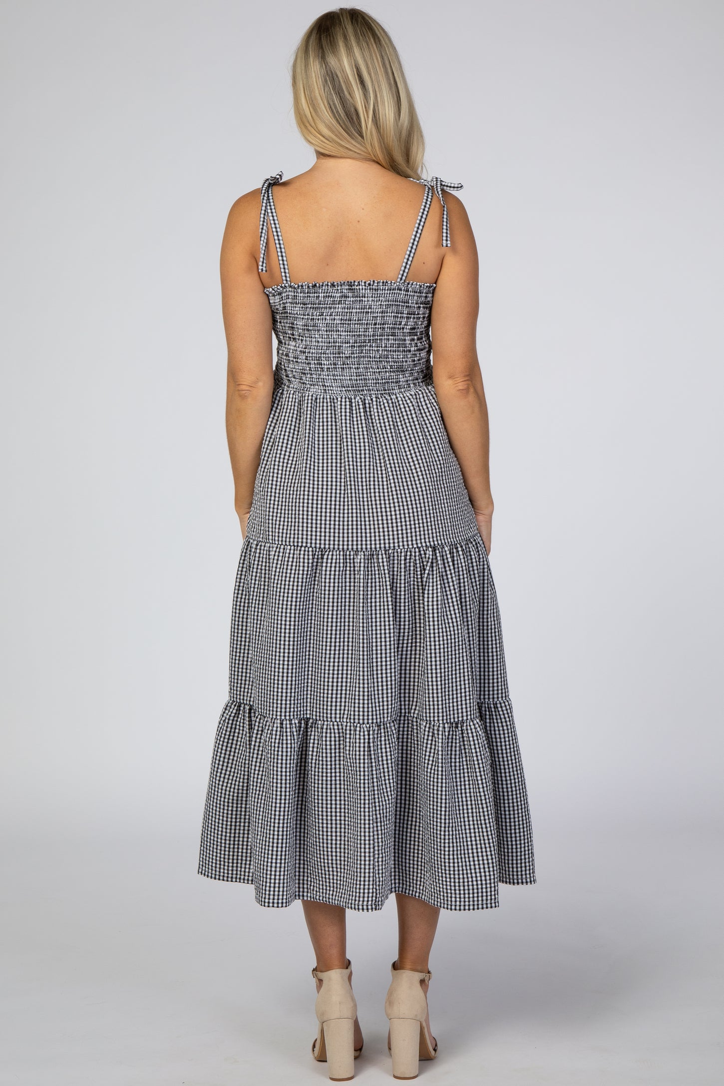 Black Checkered Tiered Maternity Midi Dress