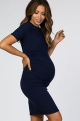 Navy Ribbed Ruched Side Fitted Short Sleeve Maternity Dress
