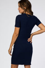Navy Ribbed Ruched Side Fitted Short Sleeve Maternity Dress