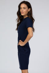 Navy Ribbed Ruched Side Fitted Short Sleeve Dress