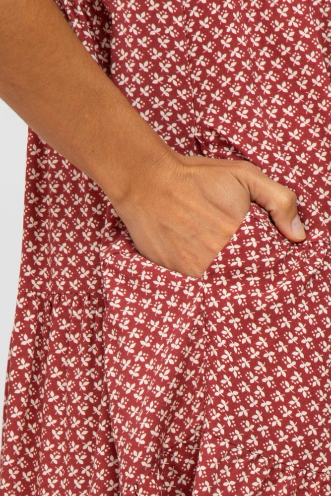 Burgundy Leaf Print Button Front Dress