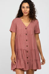 Burgundy Leaf Print Button Front Dress