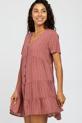 Burgundy Leaf Print Button Front Dress