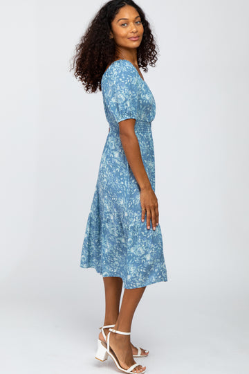 Blue Floral Scoop Neck Bubble Sleeve Midi Dress