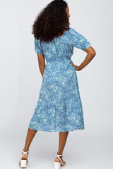 Blue Floral Scoop Neck Bubble Sleeve Midi Dress