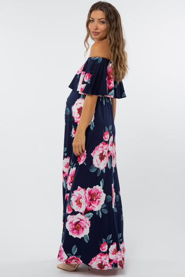 Navy Floral Off Shoulder Flounce Maternity Maxi Dress