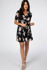 Black Floral Waist Tie Maternity Dress