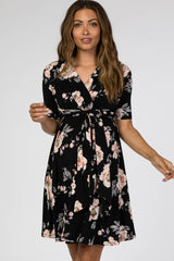 Black Floral Waist Tie Maternity Dress
