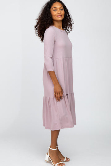 Lavender Tiered Ribbed 3/4 Sleeve Midi Dress