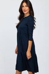Navy Tiered Ribbed 3/4 Sleeve Midi Dress