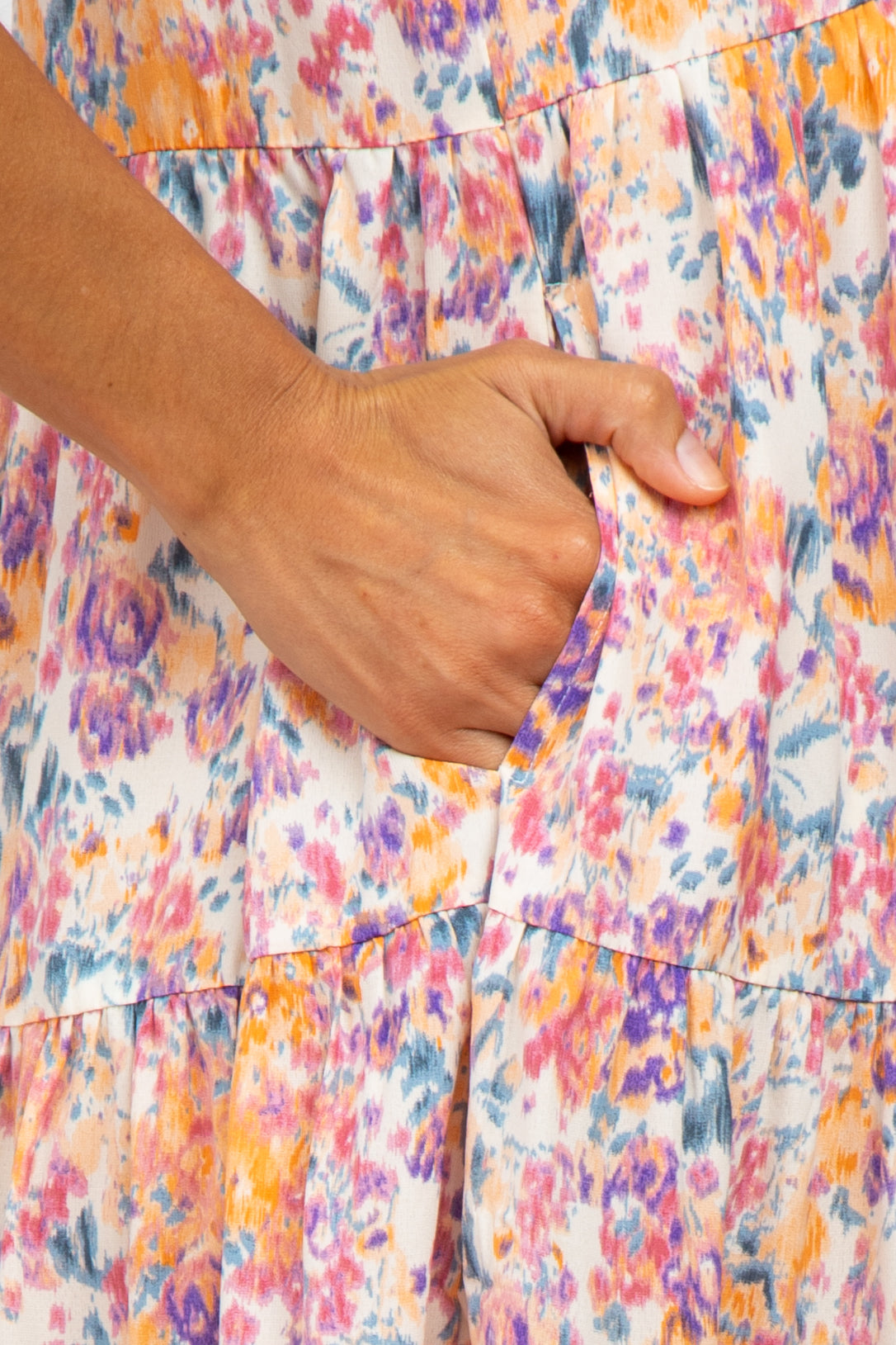 Pink Abstract Print Tiered Midi Dress