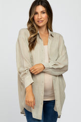 Beige Lightweight Sheer Button Down Maternity Blouse