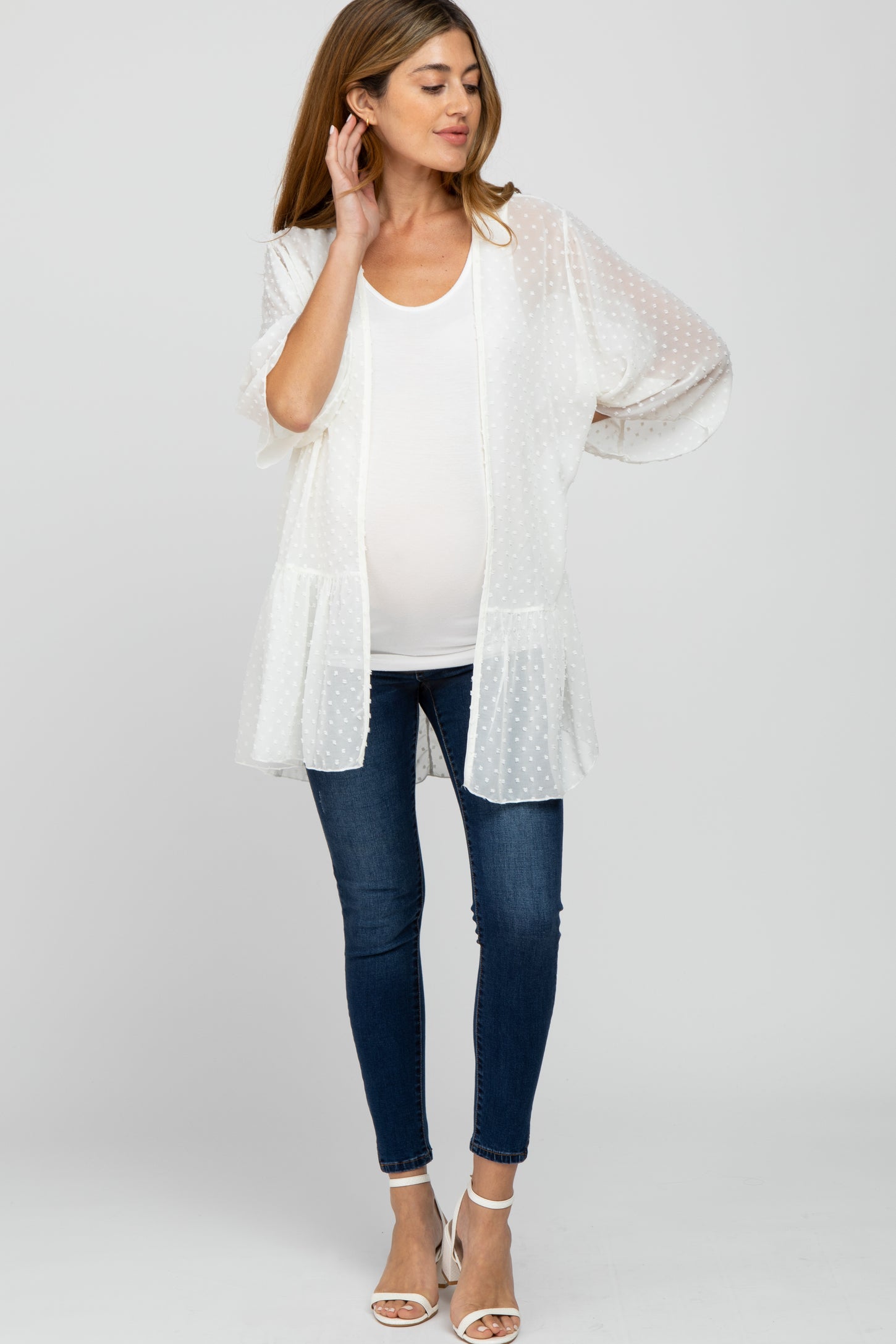 Ivory Swiss Dot 3/4 Sleeve Chiffon Maternity Cover Up