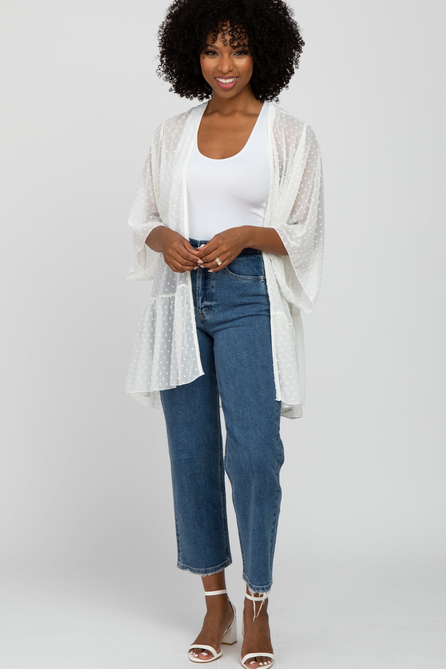 Ivory Swiss Dot 3/4 Sleeve Chiffon Cover Up