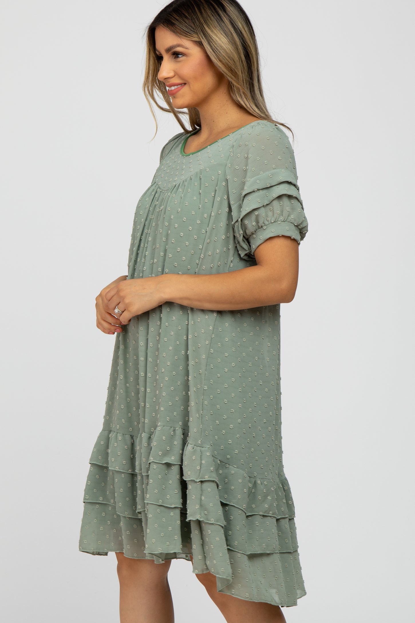 Light Olive Chiffon Swiss Dot Ruffle Hem Midi Dress