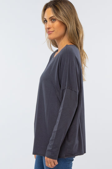 Charcoal Raw Hem Long Sleeve Top