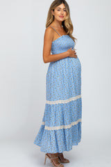 Light Blue Floral Smocked Crochet Accent Maternity Maxi Dress