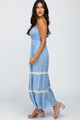 Light Blue Floral Smocked Crochet Accent Maxi Dress
