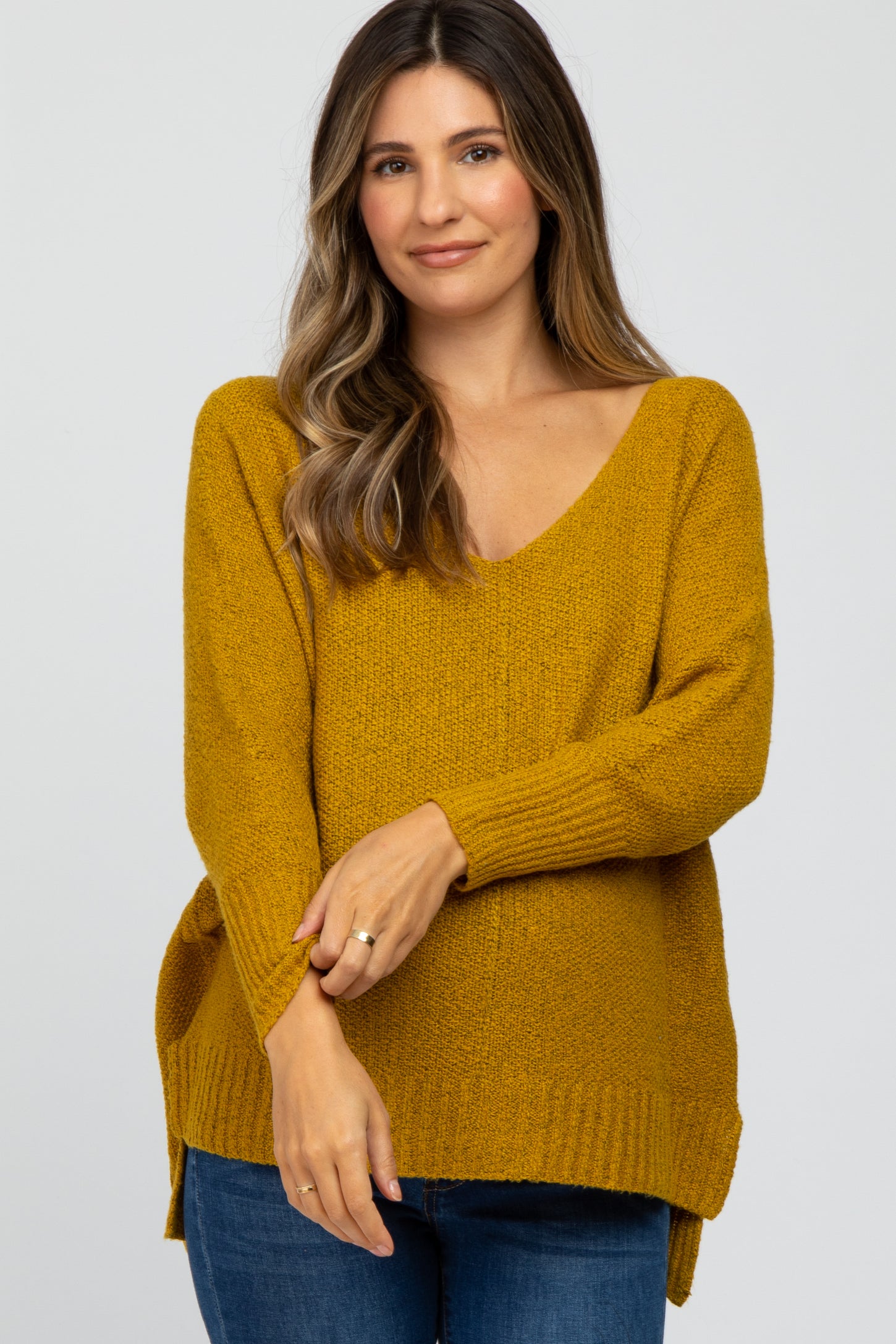 Mustard V-Neck Side Slit Maternity Sweater