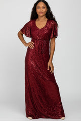 Burgundy Sequin Short Sleeve Maternity Maxi Dress