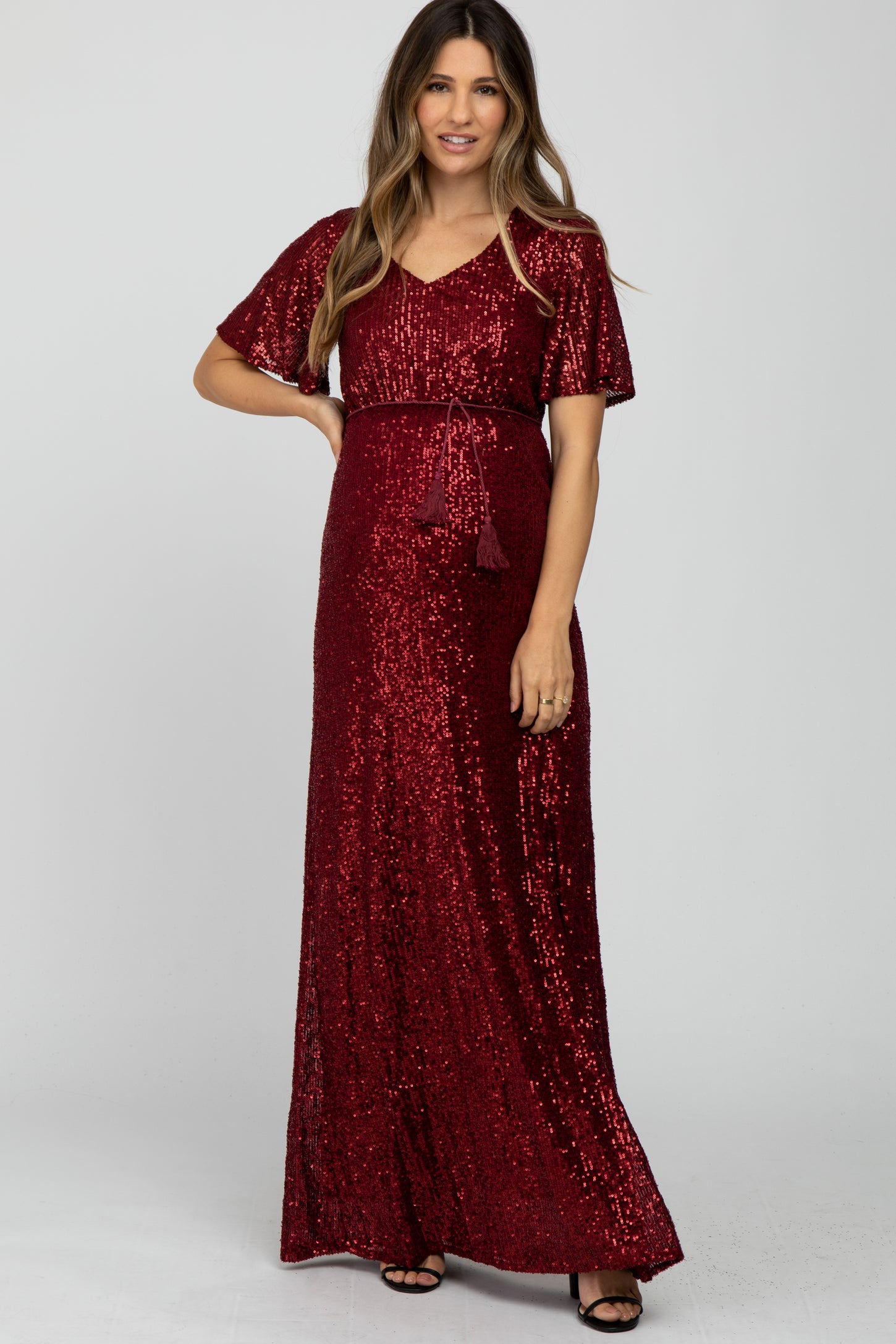 Burgundy Sequin Short Sleeve Maternity Maxi Dress