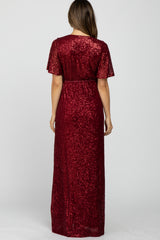 Burgundy Sequin Short Sleeve Maternity Maxi Dress