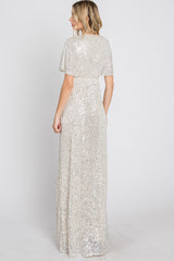 Cream Sequin Short Sleeve Maxi Dress