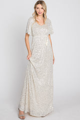Cream Sequin Short Sleeve Maxi Dress