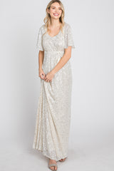 Cream Sequin Short Sleeve Maxi Dress