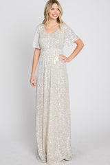 Cream Sequin Short Sleeve Maxi Dress