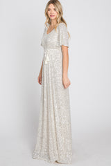 Cream Sequin Short Sleeve Maxi Dress