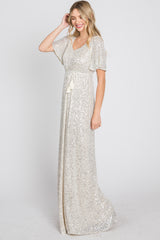 Cream Sequin Short Sleeve Maxi Dress