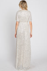 Cream Sequin Short Sleeve Maxi Dress