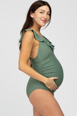 Olive Ruffle Tie Maternity One-Piece Swimsuit