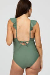 Olive Ruffle Tie Maternity One-Piece Swimsuit