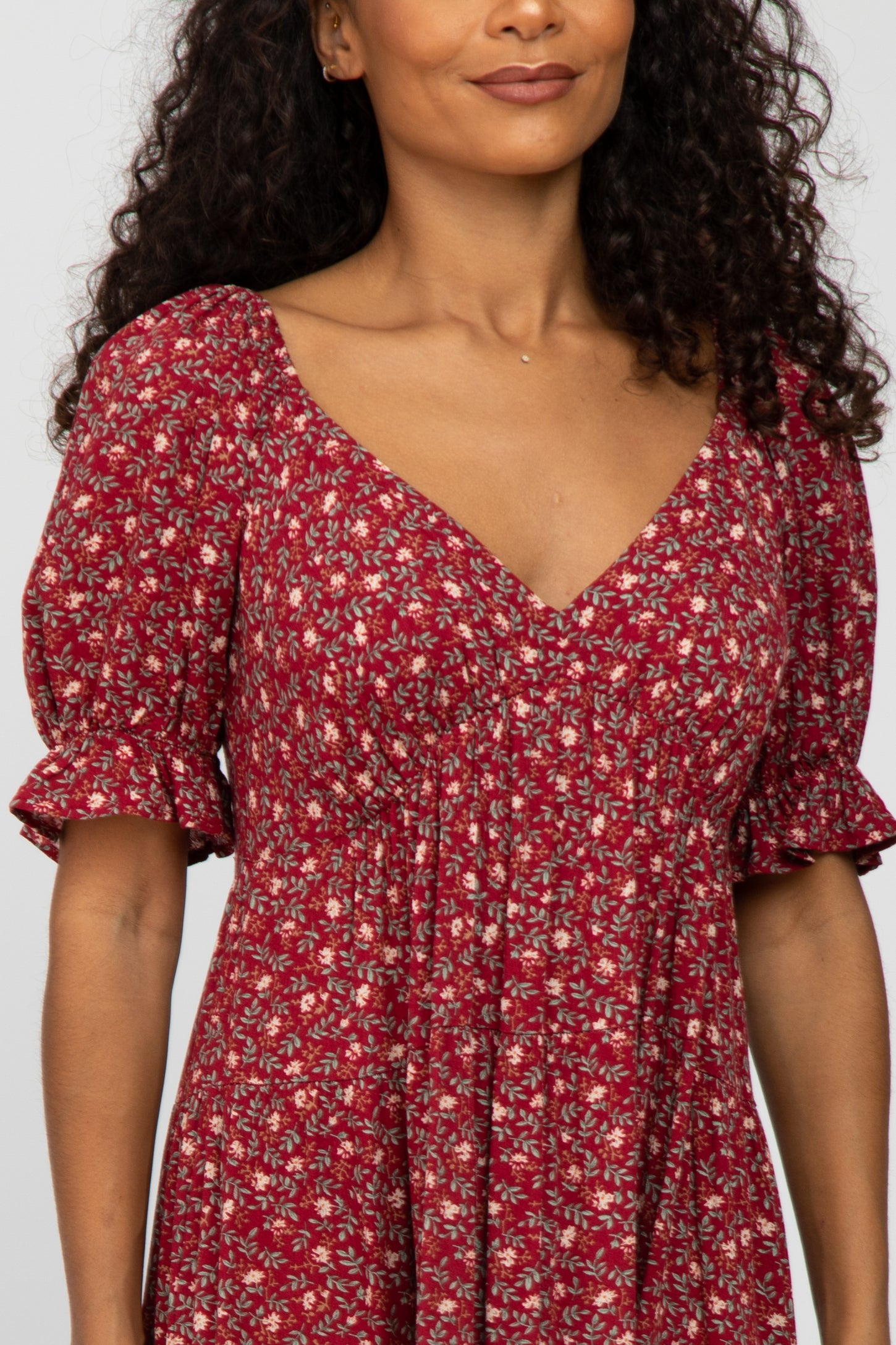 Red Floral V-Neck Ruffle Sleeve Midi Dress