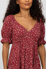 Red Floral V-Neck Ruffle Sleeve Midi Dress