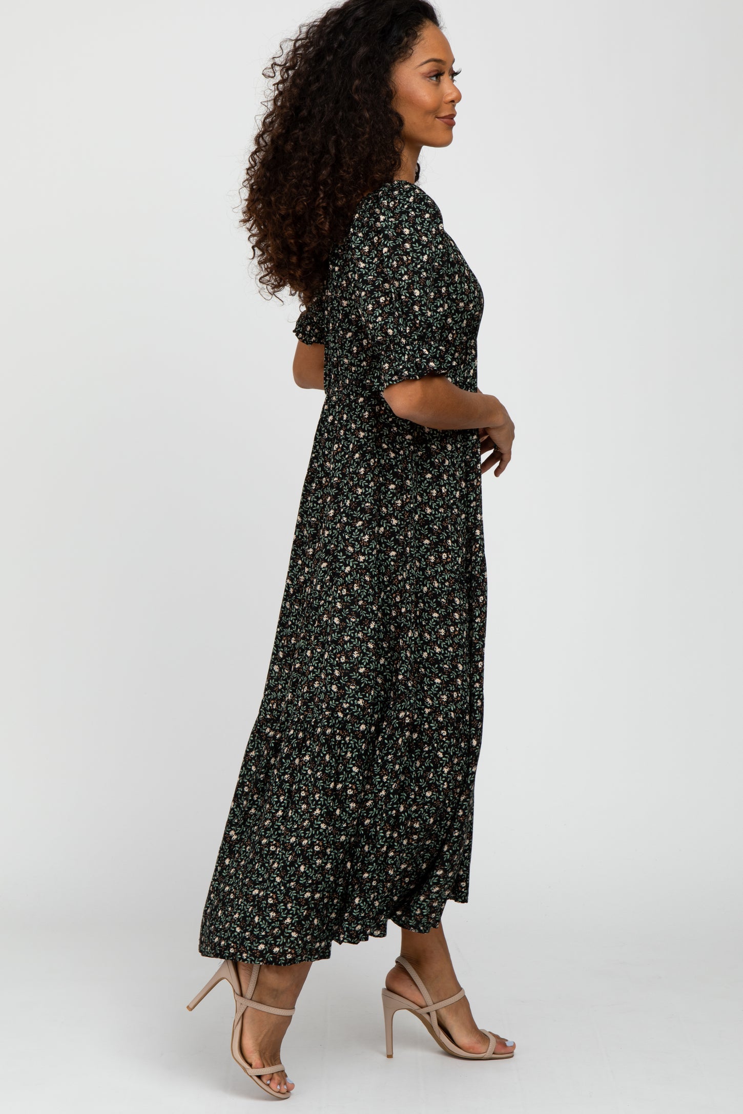 Green Floral V-Neck Ruffle Sleeve Midi Dress