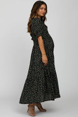 Green Floral V-Neck Ruffle Sleeve Maternity Midi Dress