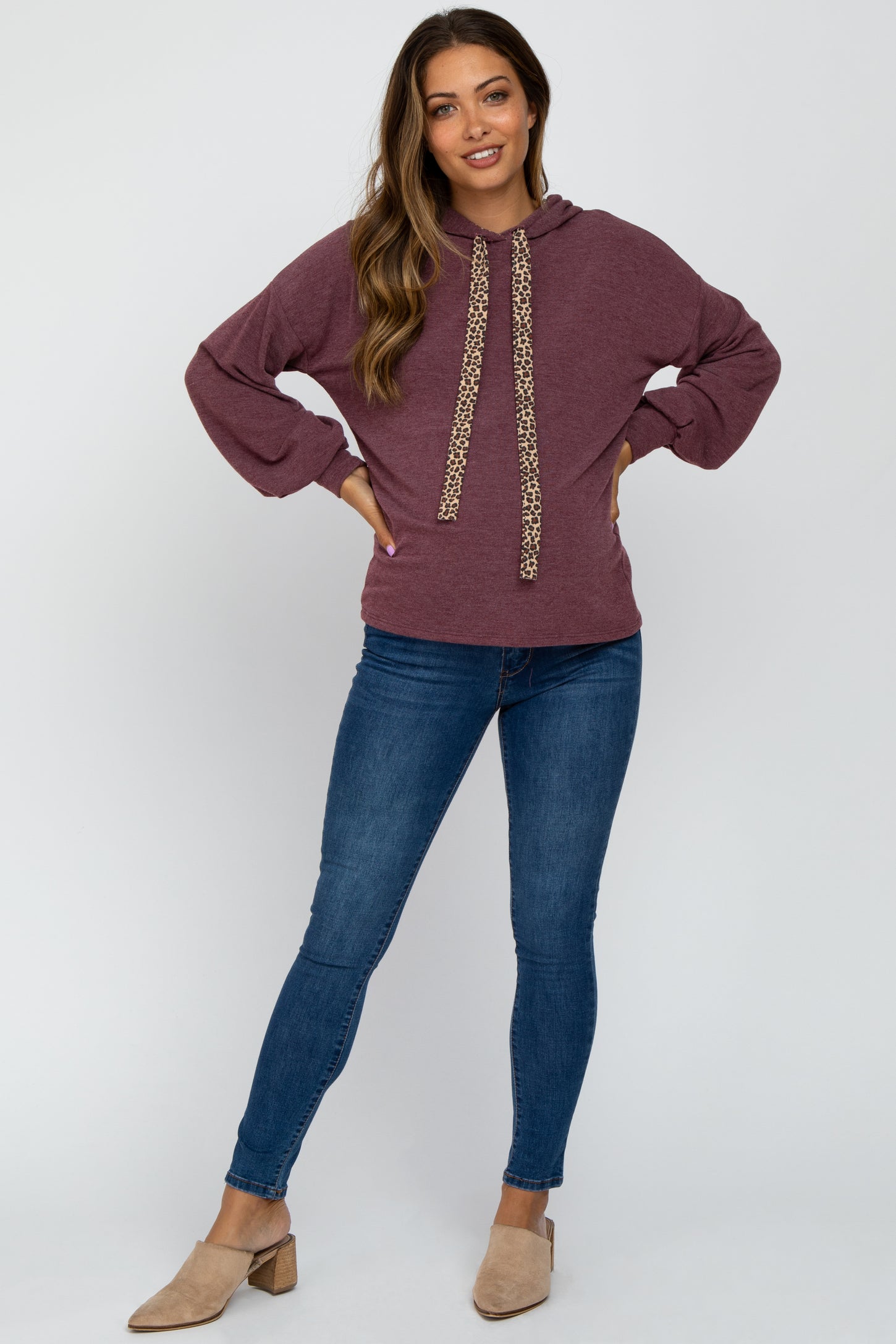 Plum Animal Print Drawstring Maternity Hooded Top