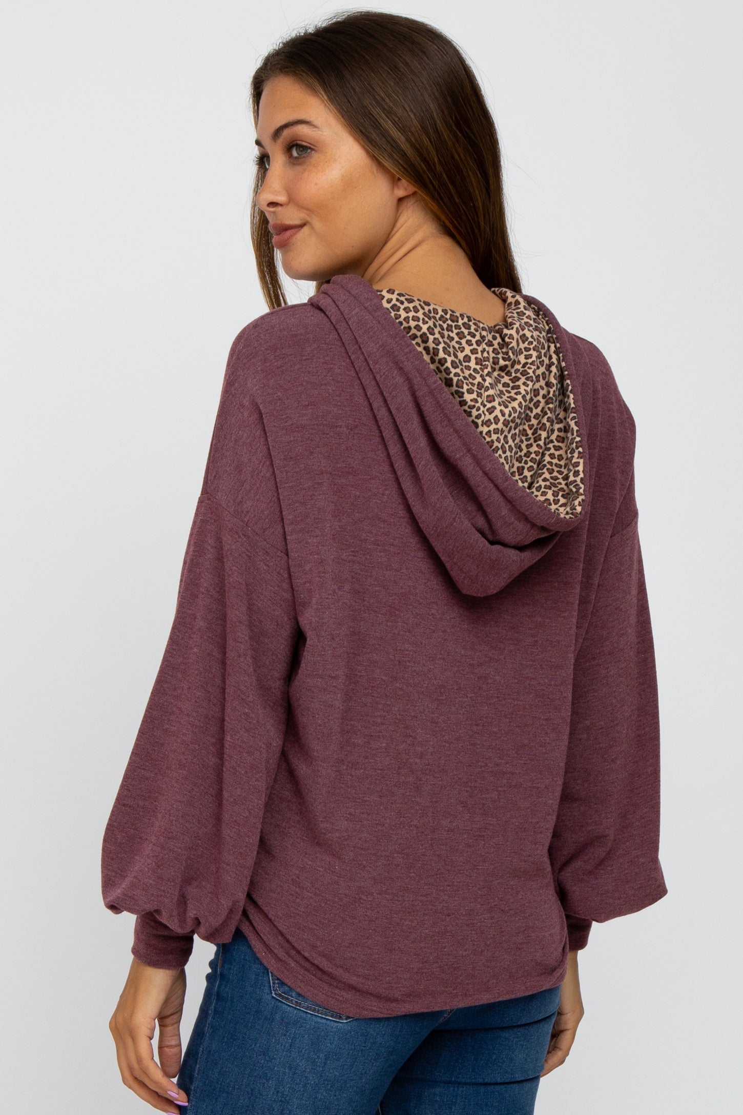 Plum Animal Print Drawstring Maternity Hooded Top