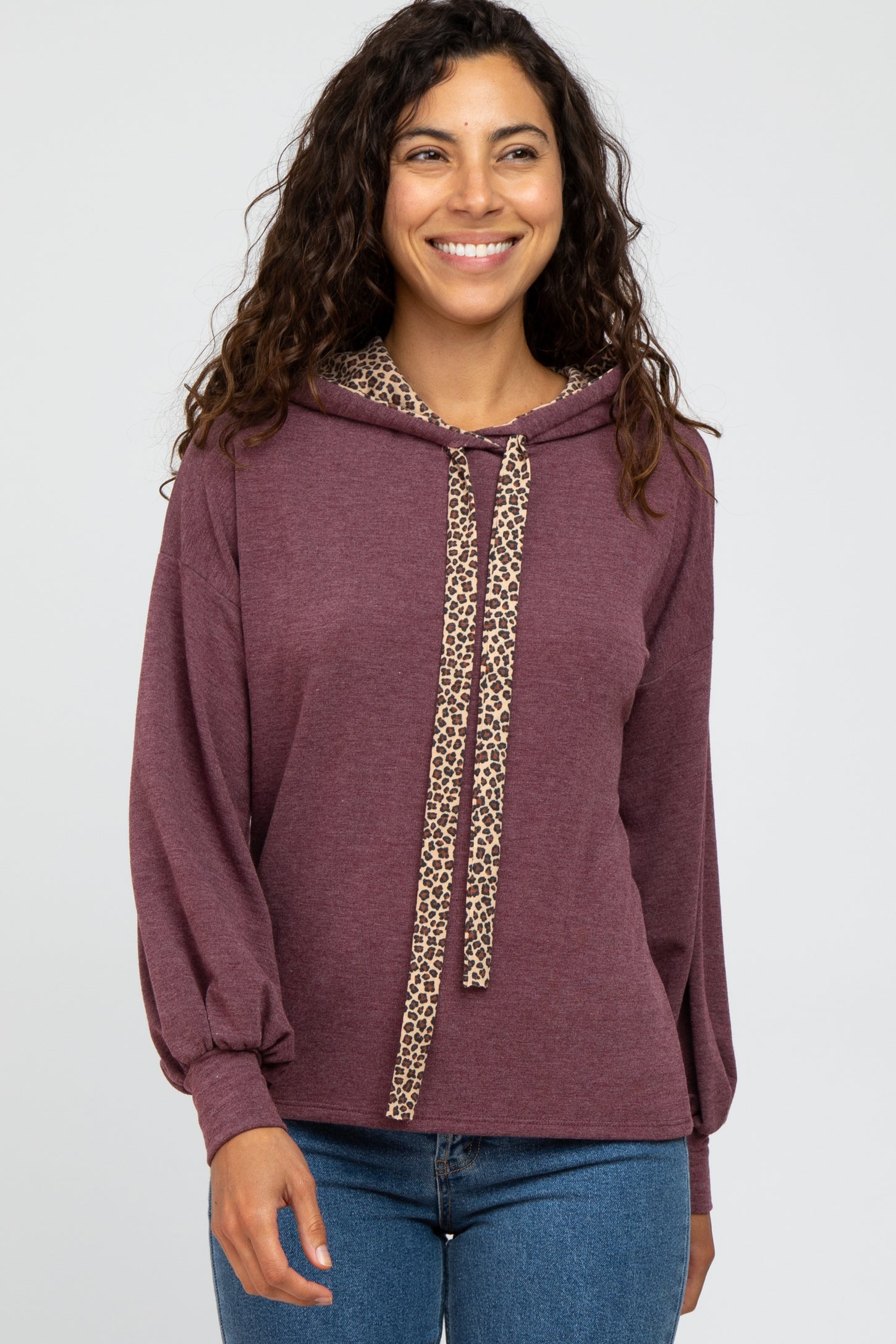 Plum Animal Print Drawstring Maternity Hooded Top