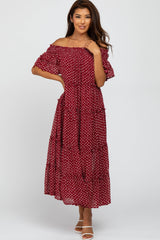 Burgundy Printed Off Shoulder Maxi Dress