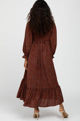 Rust Floral Ruffle Neck Midi Dress
