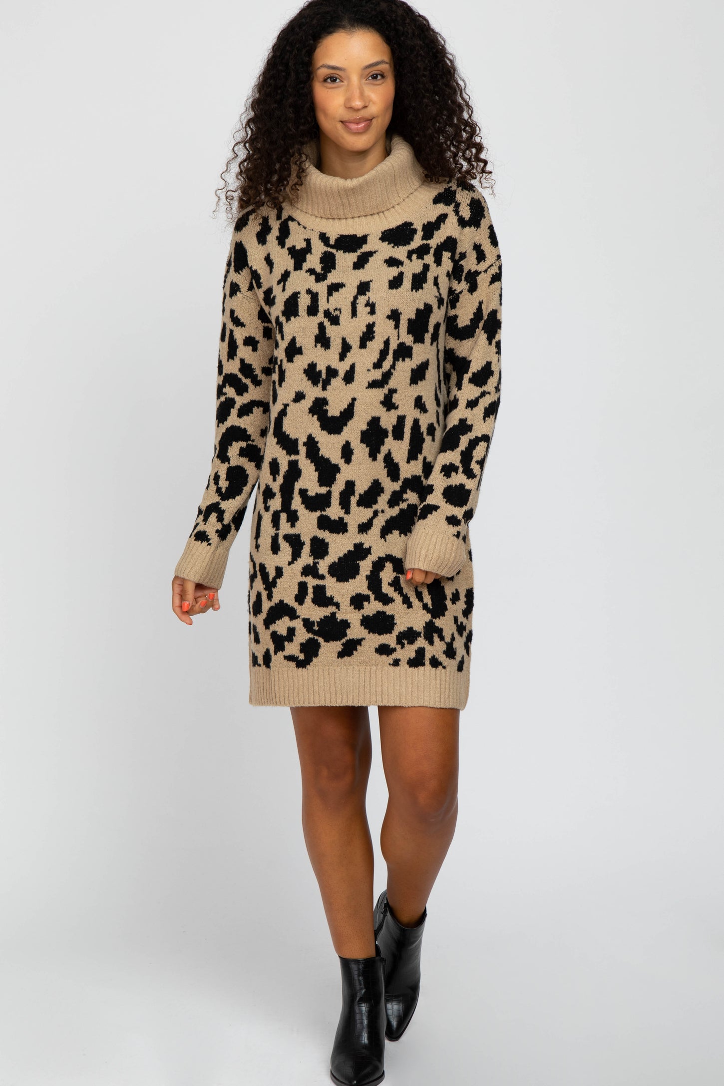 Taupe Leopard Turtleneck Maternity Sweater Dress
