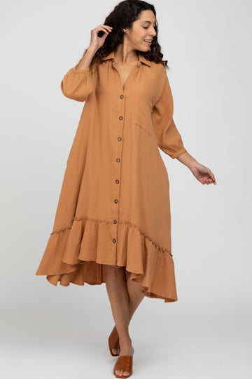 Camel Button Down Hi-Low Midi Dress