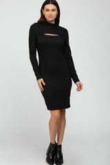 Black Ribbed Mock Neck Front Cutout Maternity Dress