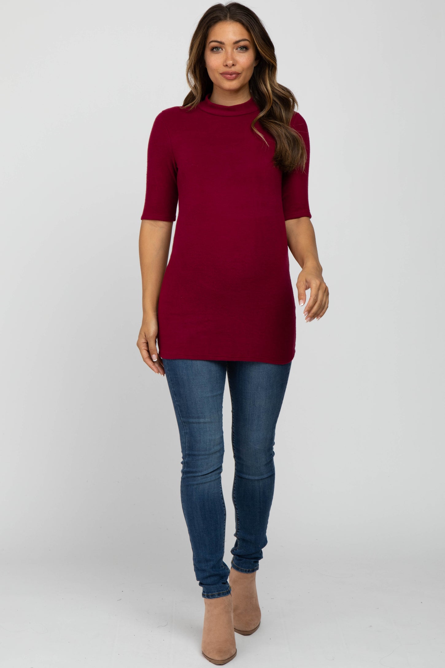Burgundy Soft Brushed Knit Mock Neck Maternity Top
