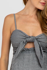Black Gingham Print Smocked Fitted Self-Tie Maternity Midi Dress
